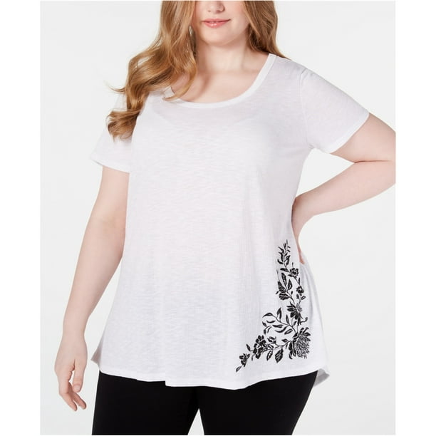 Seven 7 Womens Hi-Low Embellished T-Shirt, White, 2X