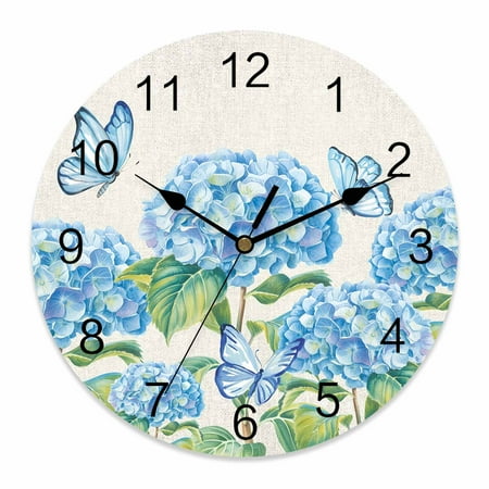 Wall Clock Hydrangea Flower Clocks PVC Silent Non-Ticking Battery Operated Decorative Summer Blue Butterfly Linen Round Clock for Home Living Room Kitchen Bedroom Office School Wall Decor 14 Inch