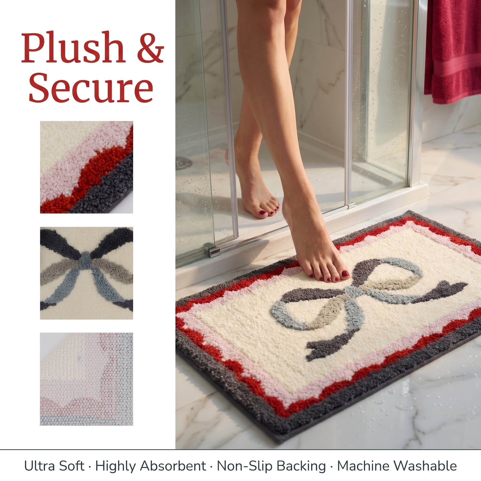 Unique Bargains Aesthetic Printed Soft Absorbent Shaggy Bath Mat Gray Red 32" x 20"