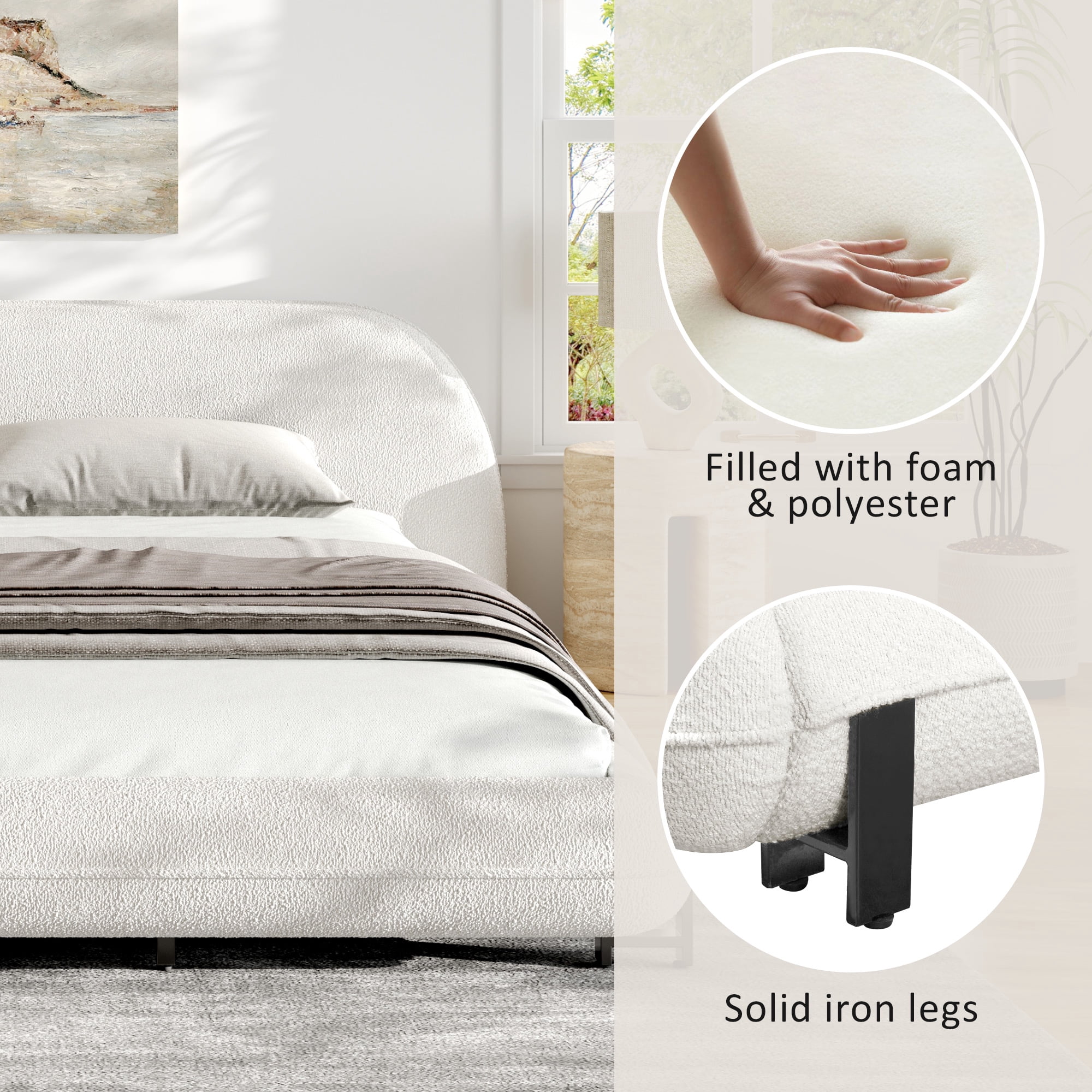 King Size Bed Frame with Soft Boucle Fabric, Curved Thick Padded Headboard, Upholstered Platform Bed for Bedroom, White
