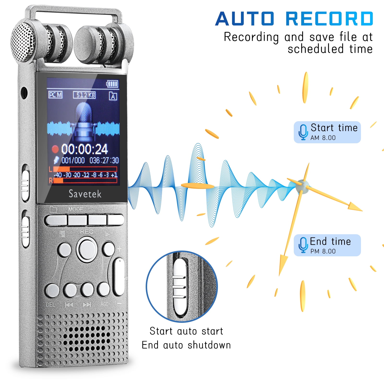 Professional Voice Activated Digital Audio Recorder  8GB USB Pen Non-Stop 100hr Recording PCM 1536Kbps External Microphone Password Protection