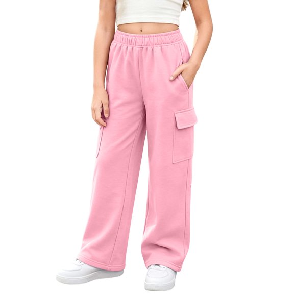 YgkuHd Girls Solid Multi Pocket Cargo Sweatpants Elastic Waist Relaxed Pants for Daily Active Wear Pink 130