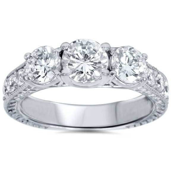 Pompeii 2ct Vintage Three Stone Round Diamond Engagement Ring 14K White Gold (H,I3)