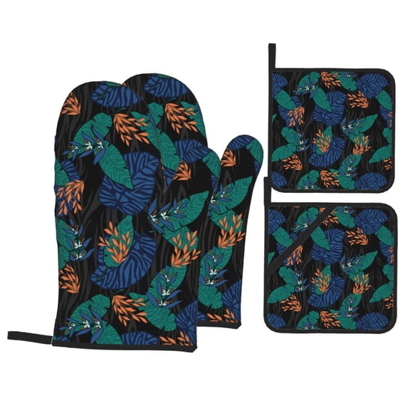 YFYANG Oven Mitts and Pot Holders Sets 4 Pcs, Non-Slip Heat Resistant Tropical Plant Pattern Kitchen Glove Pot Mat for Cooking and Baking