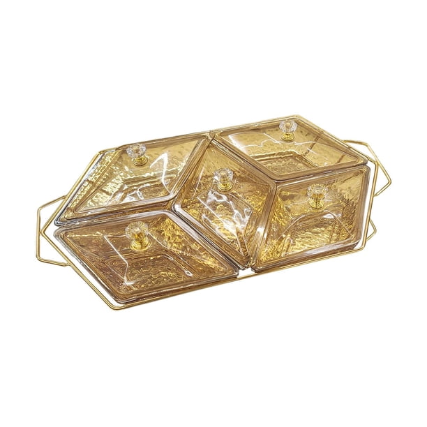 Bandeja dividida, contenedor para refrigerios, plato de refrigerio de vidrio, plato para servir con tapa, para 5 compartimentos