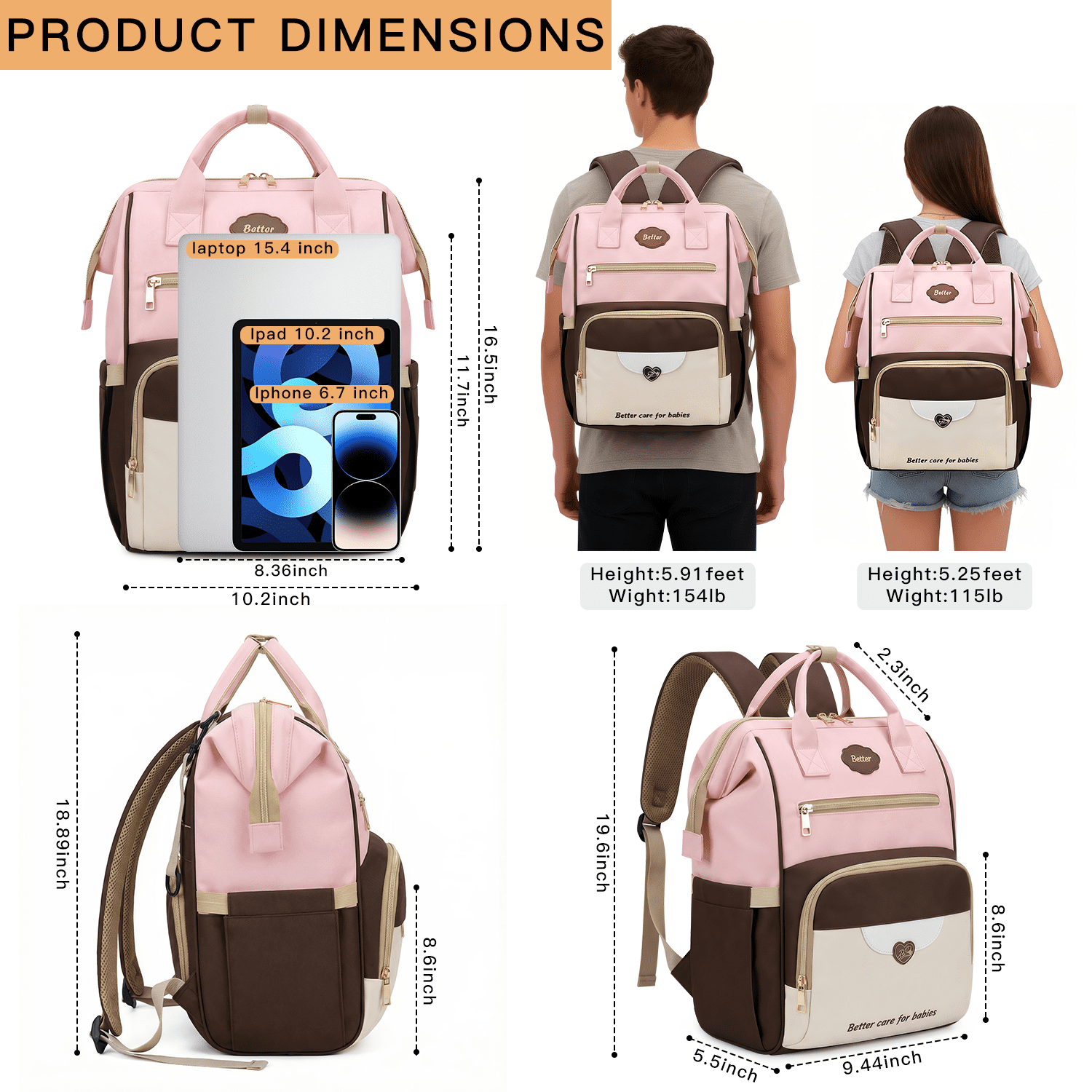 Diaper Bag Backpack - Large Travel Baby Bag with Changing Pad, Waterproof, Pacifier Case, Luggage Strap & Stroller Clips (Pink)