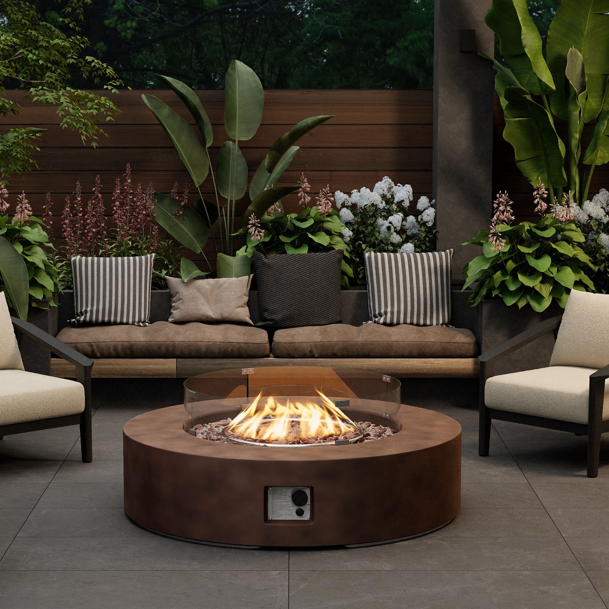 VENTOPYR Outdoor Propane Bronze Round Lightweight Concrete Fire Pit Coffee Table Patio Heater, Wind Guard