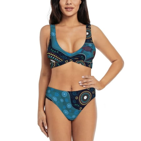 Zeuib Bohemian Turtle High Waisted Tummy Control Bikini Set - Knot Front Push Up Top & Cheeky Thong Bottom  Two-Piece Swimsuit for Women-Medium