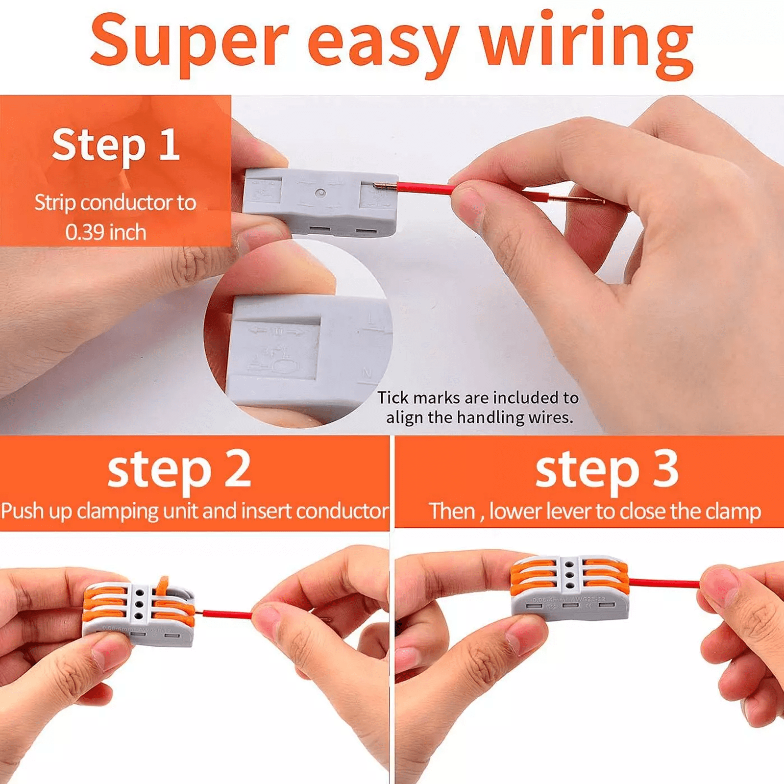 Nineleaf Push Quick Wire Connectors,50PK Electrical Cable Connectors, Max 32A 600V, 3 Pin Wire Connectors for Cables from 28 to 12 AWG, 12 14 16 Gauge Wire Connectors