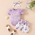 thumbnail image 2 of TOWED22 Baby Summer Outfits Newborn Girl Short Sleeve Letters Print T-Shirt Romper Bib Shorts Headband 0-18M(Light Purple,12-18 M), 2 of 6