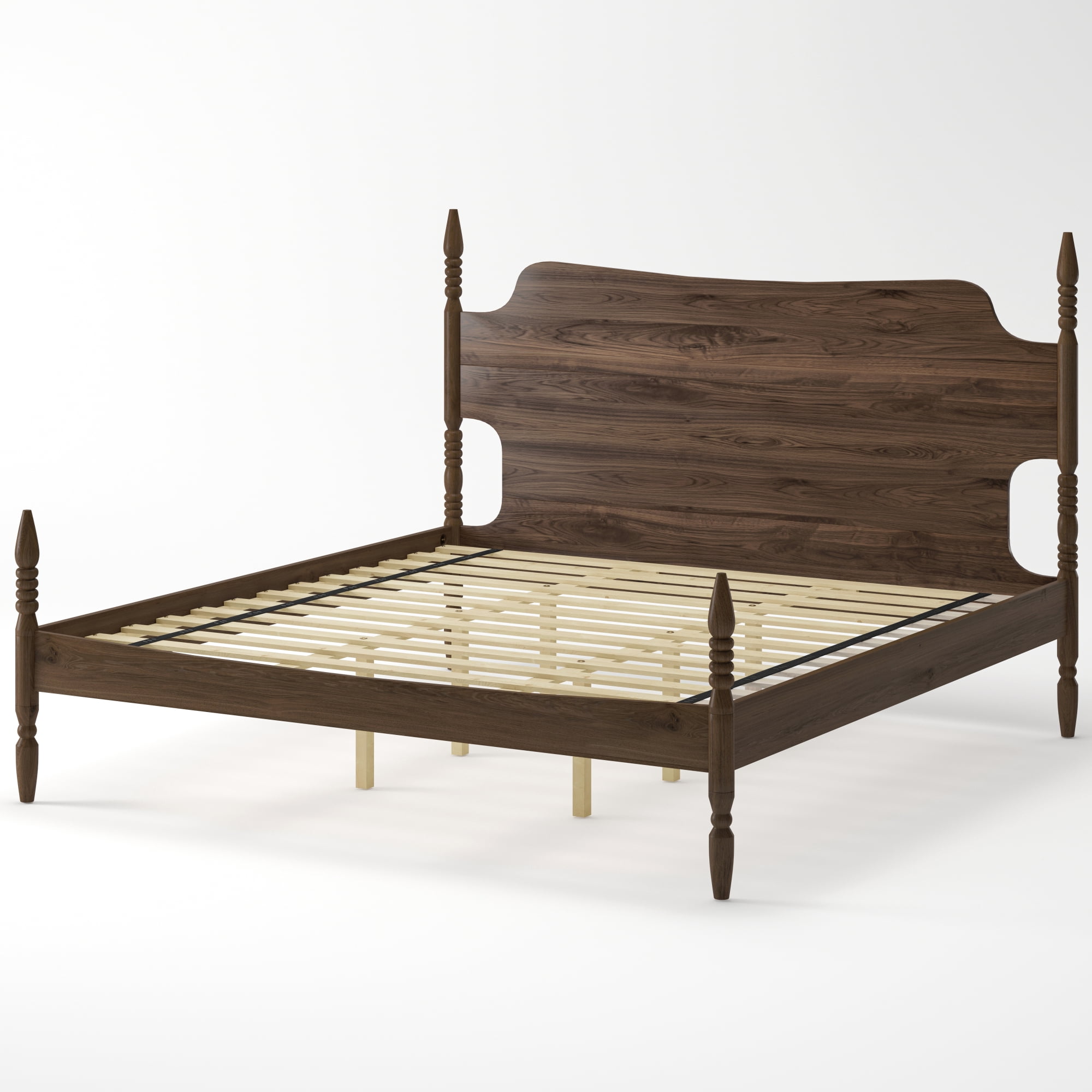 Leumius King Size Platform Bed Frame, Spindle Bed with Curved Tall Headboard, No Box Spring Needed, Retro Four Poster Bed for Teens Adults Walnut