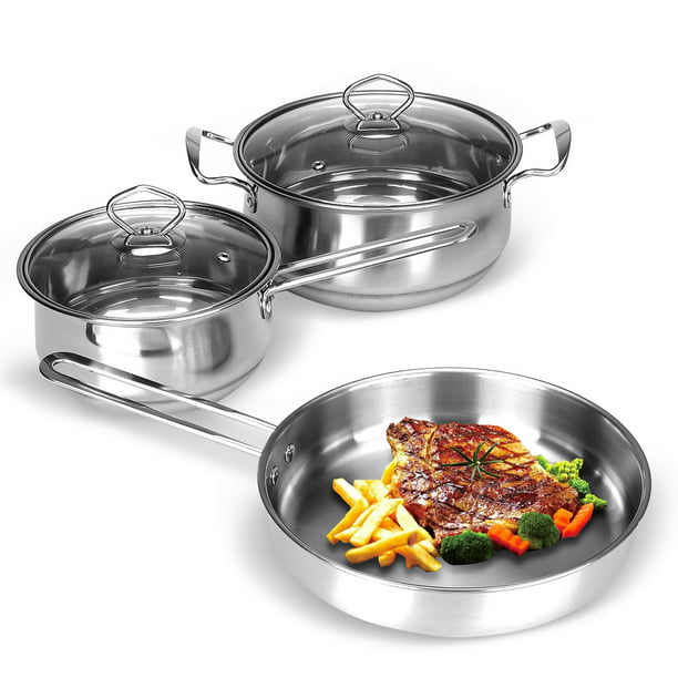 3 Piece Kitchen  Cooking Cookware Set  Stainless  Steel  Pots 