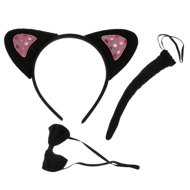 Conjunto de 3 piezas en 1, diadema negra con lentejuelas rosas, divertida diadema con orejas de gato, accesorio para disfraz, suministros para fiestas, diadema con lentejuelas de animales, lazo para