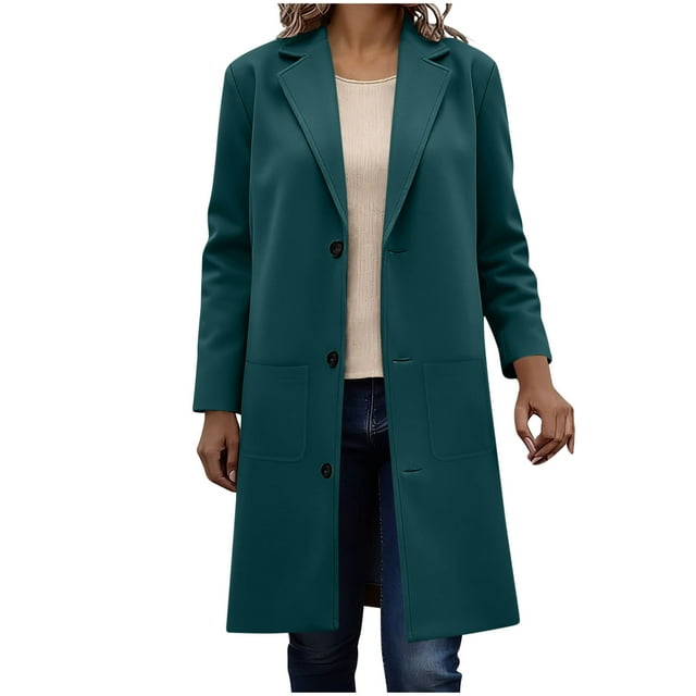 WRKEKC Coats for Women Long Sleeve Solid Color Button Multi Pocket Wool Blend Long Jacket Top for Daily Appeal and Functional Design