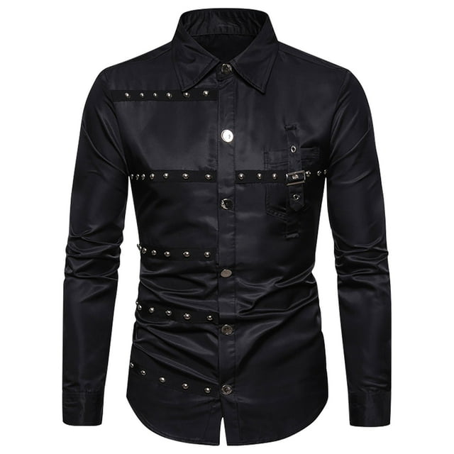 LMKIHUSA Big and Tall Gothic Shirts for Men Long Sleeve Button Down Tops Lapel Plain Rivet Shirt Black,XXXL