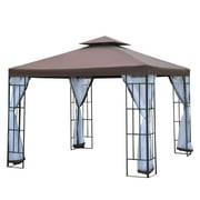 Outsunny 10'x10' Gazebo Patio, Canopée Portable de fête pour jardin,arrière-cour avec moustiquaire, toit à deux niveaux, café