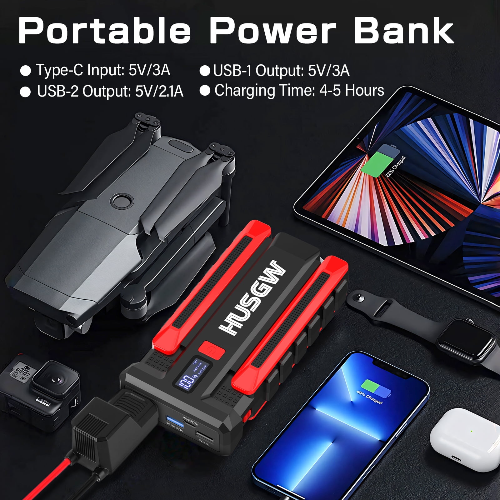 HUSGW 14000mAh 51.8Wh Car Jump Starter Powerful with USB Quick Charge and DC Output,2000A 3.7V  Portable Lithium Car Battery Starter Kit, Jump Start Power Pack and Booster Cable