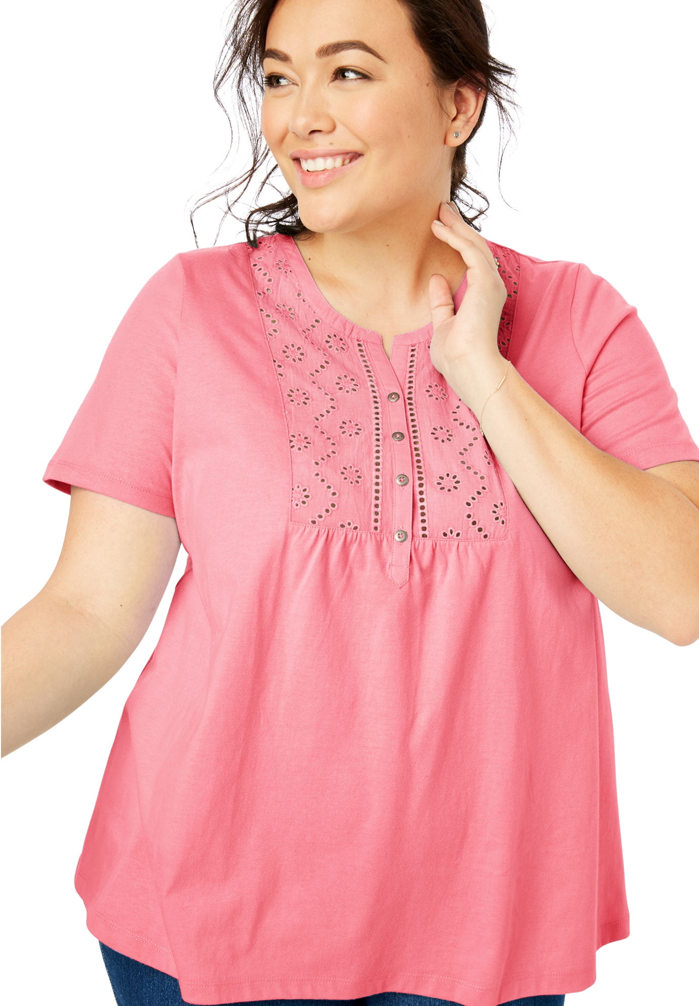 Woman Within Plus Size Eyelet Bib Henley Tee Henley Shirt