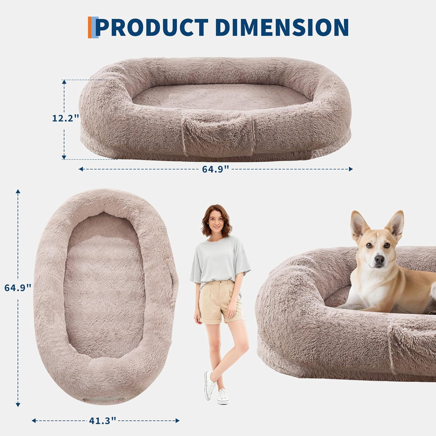 Rugerasy 65 Inch Large Gaint Shared Bed for People Pets,Human Dog Bed for Adult,Washable Faux Fur Removable Nap Bed Bean Bag with Handle Side Pocket,Brown