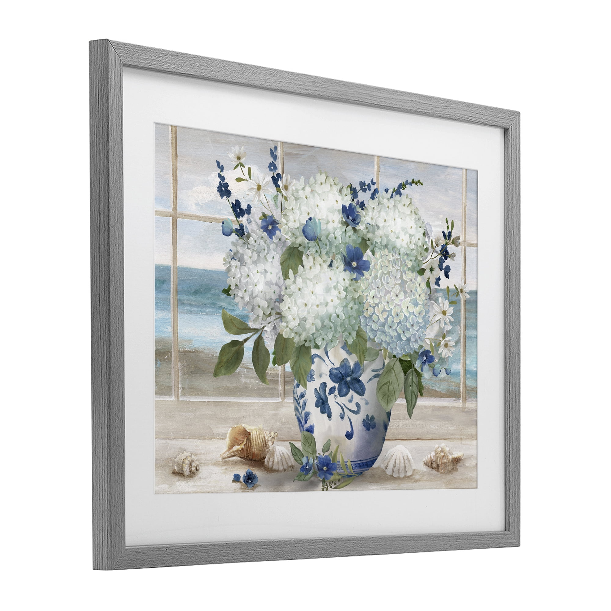 Stupell Industries Seaside Hydrangea Bouquet in Window Gray Framed Print Under Glass, design by Nan