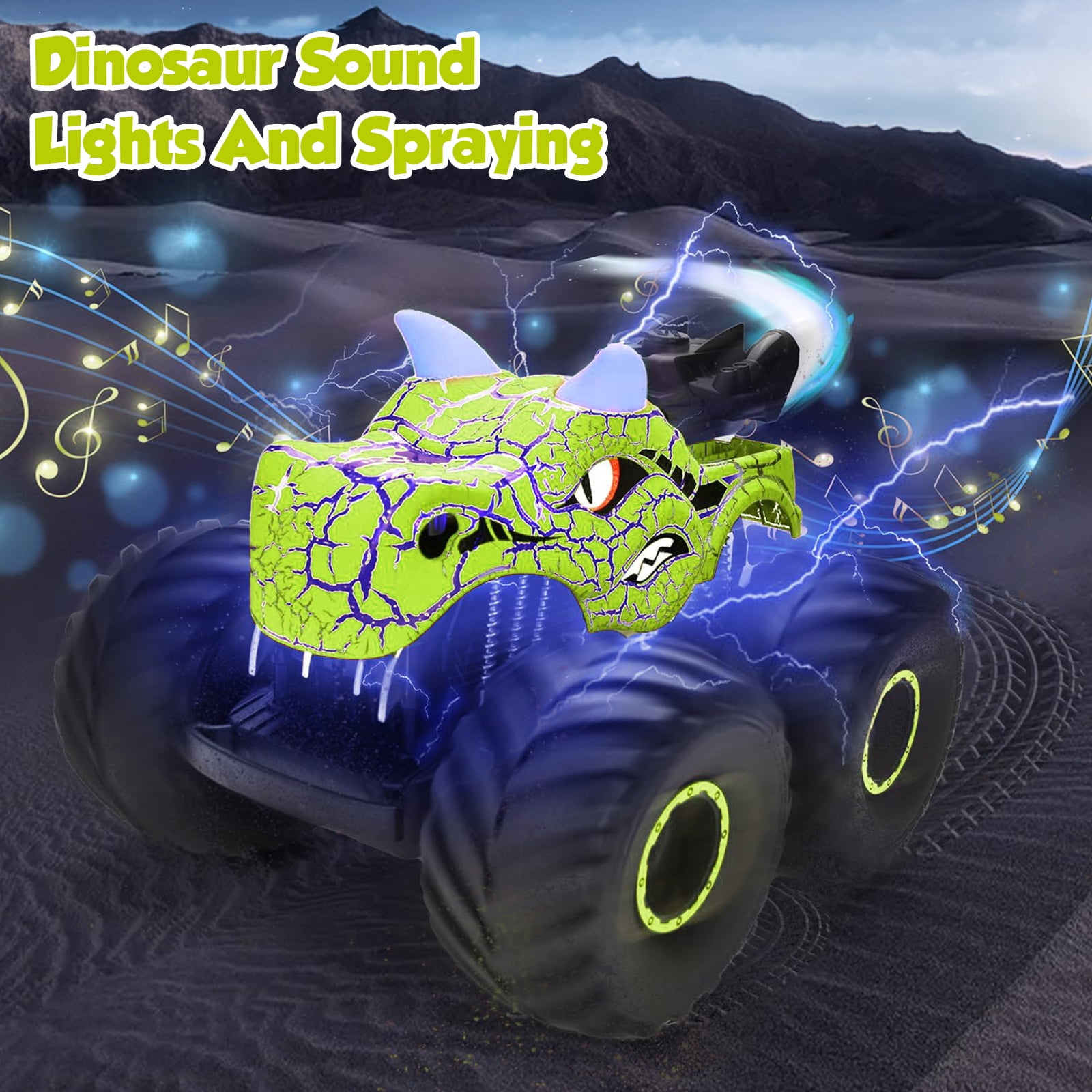Huge Wave Remote Control Cars for Boys, 2.4Ghz RC Dinosaur Toys for Boys 3-6, RC Monster Trucks with Light & Sound Spray, Birthday Christmas Gift for Boys 3 4 5 6 7 8, Green