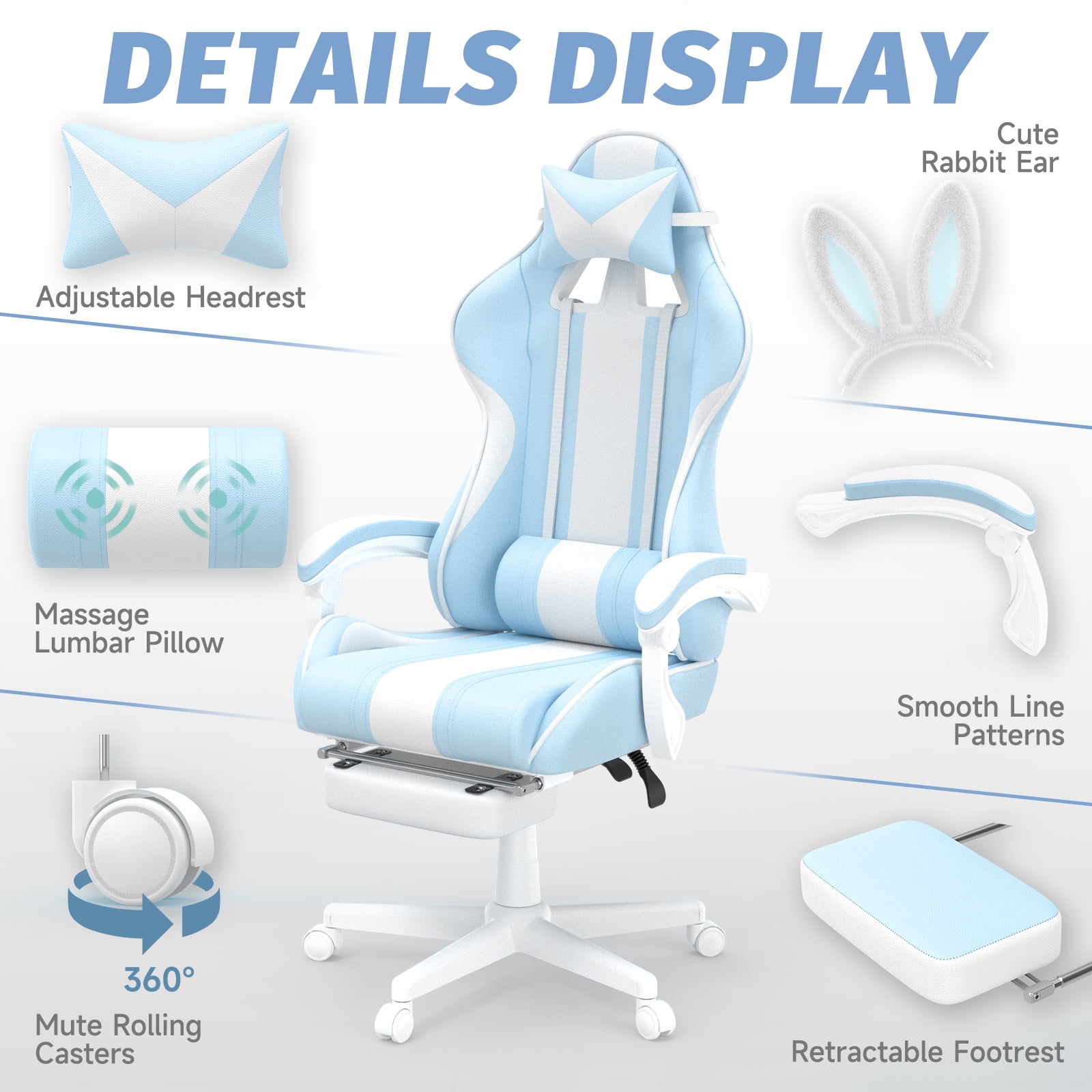 SOONTRANS Blue Gaming Chair, High Back Gamer Chair with Footrest, Reclining Adjustable Game Office Chairs Massage Pillows for Girl  Gift Present