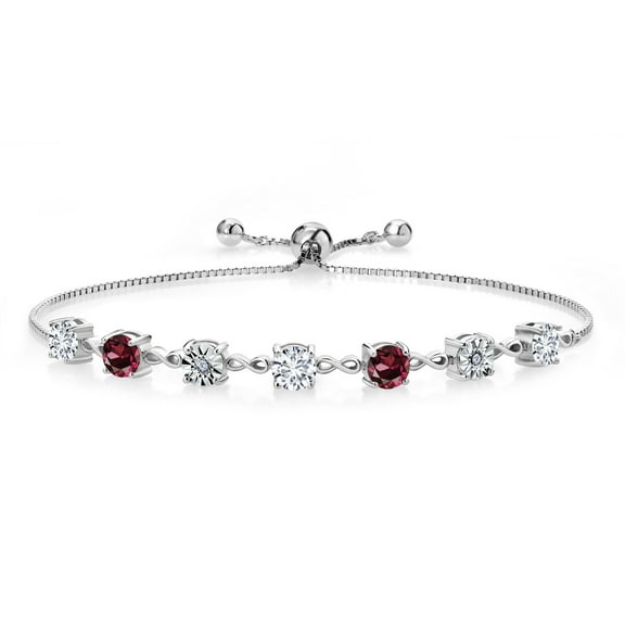 Gem Stone King 2.71 Cttw White Lab Grown Diamond and Red Rhodolite Garnet 925 Sterling Silver Tennis Bracelet for Women | Adjustable Bolo Bracelet for Women | Easy-On Easy-Off