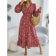 thumbnail image 6 of Elegant Floral Dress Woman 2025 Autumn Winter V Neck Long Flared Sleeves Ruffled Maxi Dress, 6 of 7