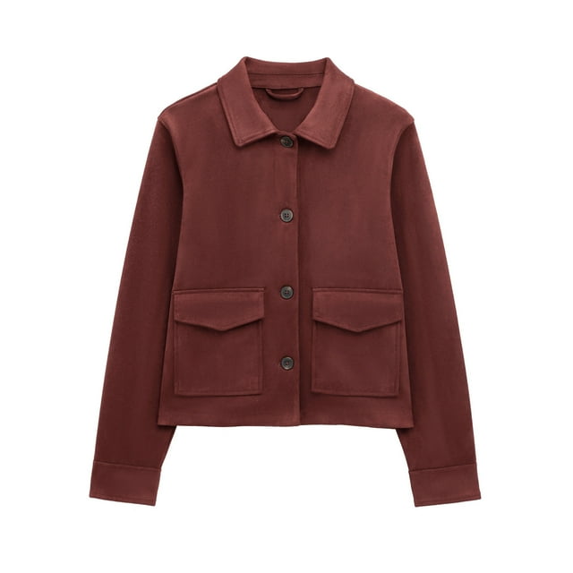 aohooy 2025 Spring Fall Fashion Ladies Pockets Suede Jacket Flight Bomber Jacket for Women with Two Pockets Vintage Style Wine,L