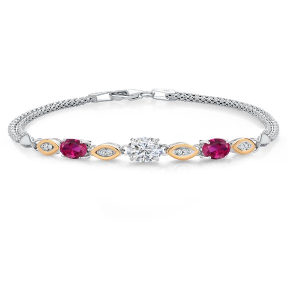 Gem Stone King 925 Silver and 10K Yellow Gold Lab Grown Diamond and Red Creaeted Ruby Bracelet for Women | 1.78 Cttw | Center Diamond 0.70 Ct | DEF Color | VVS-VS Clarity | Wheat Chain | 7 inches
