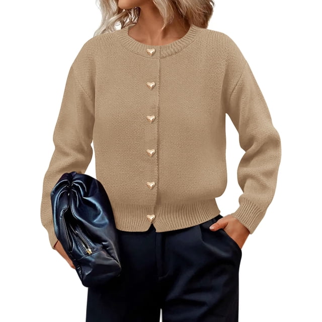 Suéter PRETTYGARDEN Cardigan Caqui con Botones de Corazón XXL