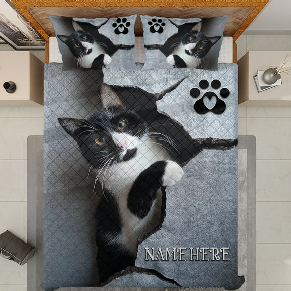 Lotusprinthandmade Personalized Tuxedo Cat Crack Pattern Quilt Bedding Set (White Binding) 5 Sizes (Made in Vietnam) (55x60), Cozy Cat-Themed Quilt Bedding