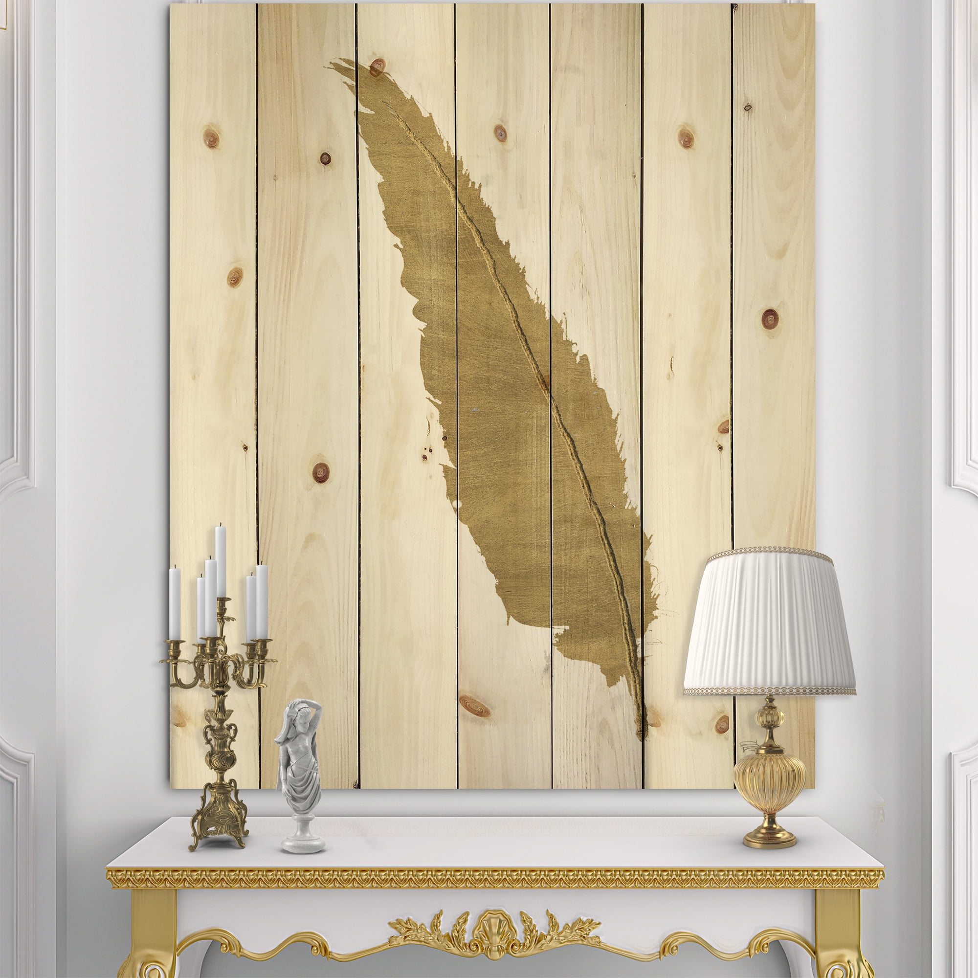 Designart 'Glam pure Gold Feather On White' Glam Print on Natural Pine Wood