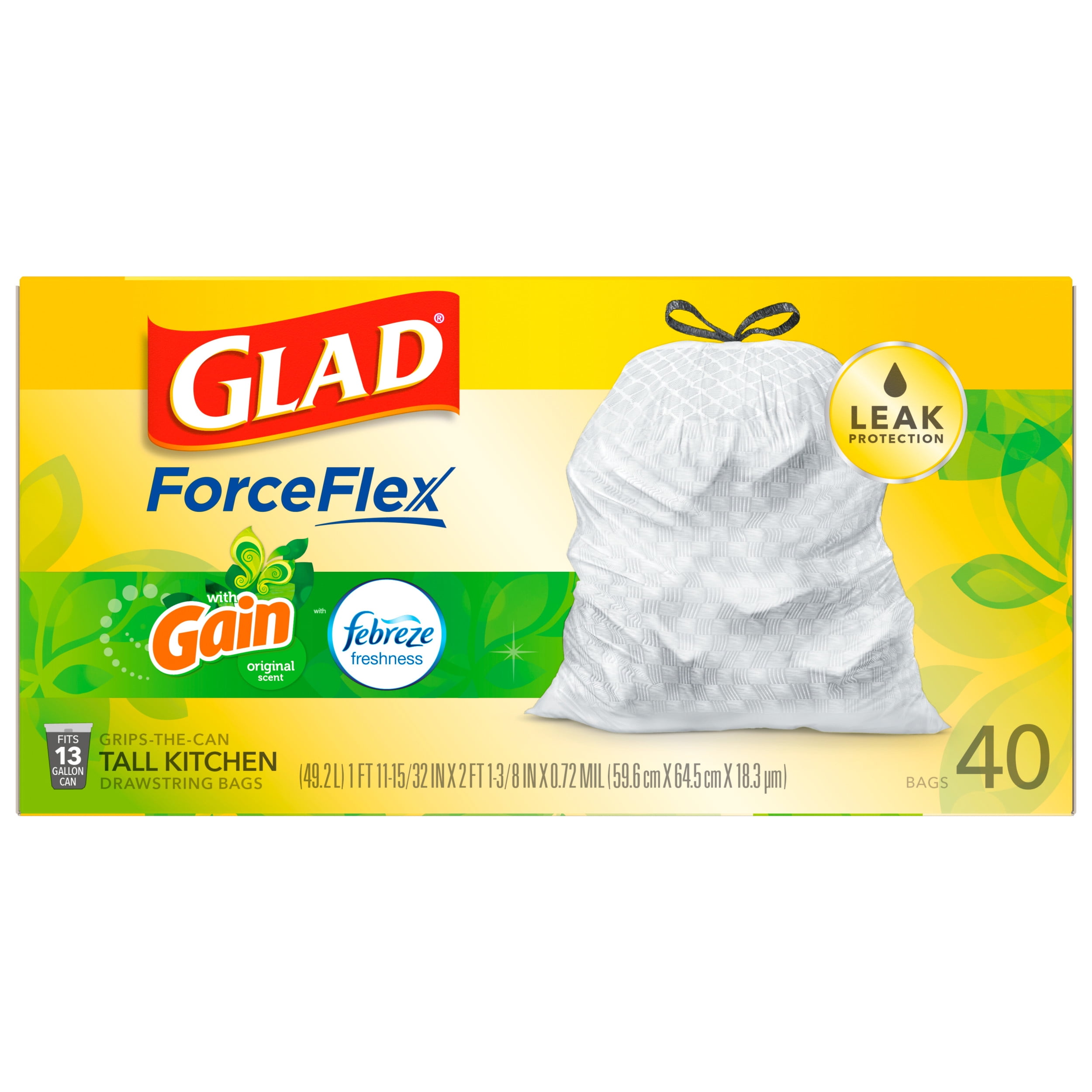 Glad ForceFlex 13 Gallon Tall Kitchen Trash Bags, Gain Original
