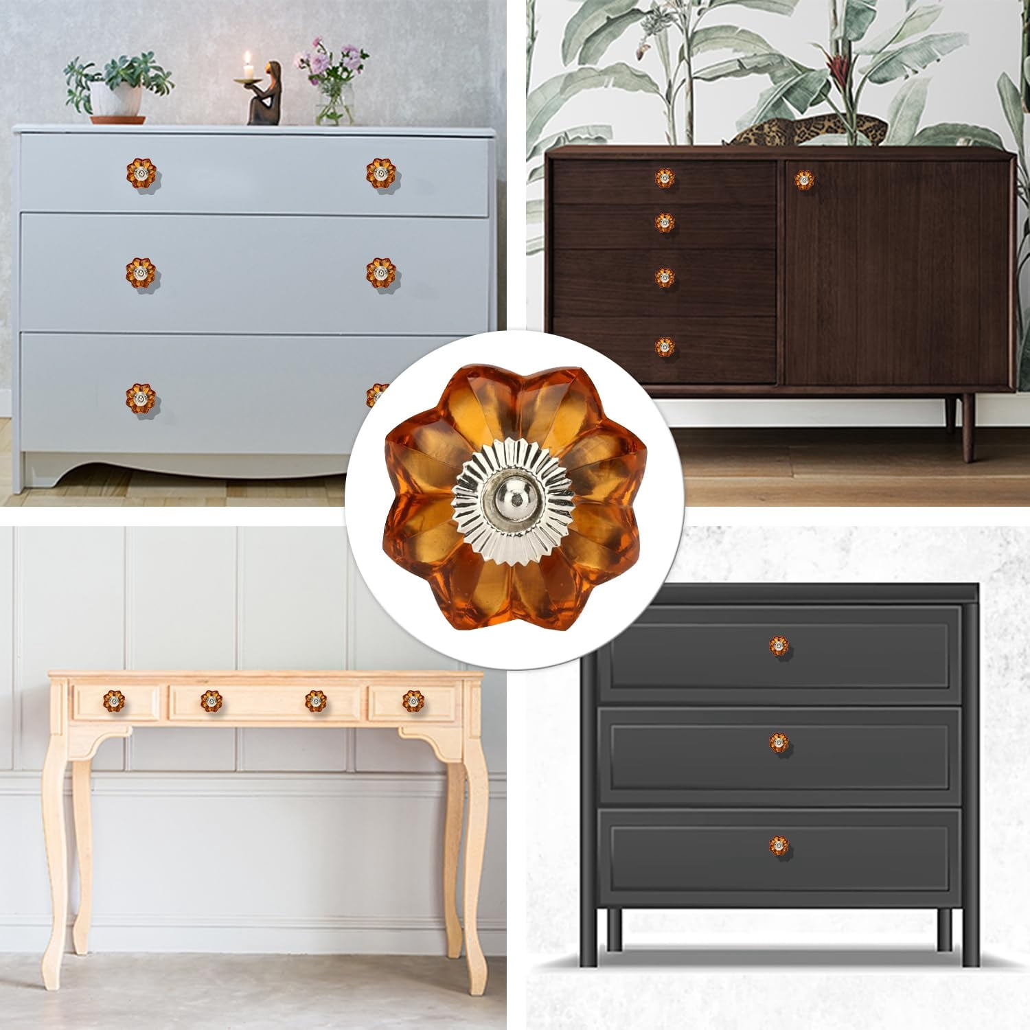 Perilla Home Set of 6 Melon Crystal Cabinet Knobs for Drawers Decorative Vintage Glass Knobs for Home Kitchen Cupboard Glass Door Dresser Wardrobe and Drawer Pulls (Orange)