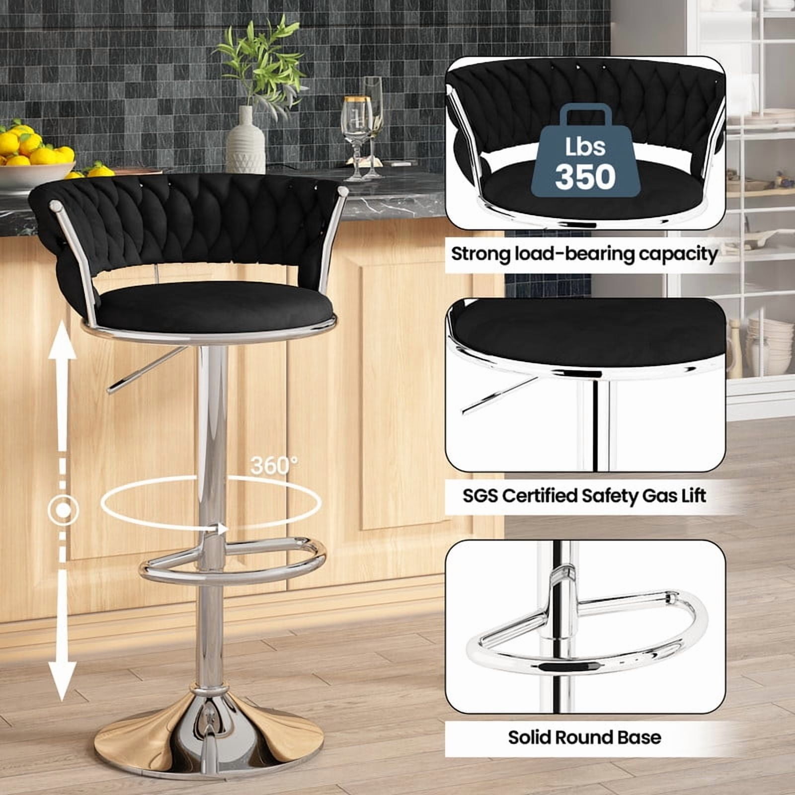 Baxluxe Velvet Bar Stools Set of 2, 360 Degree Swivel Bar Chairs with Footrest & Backrest, Adjustable Counter Height Barstool Dining Chairs, High Stool Pub Chairs for Kitchen Island, Black