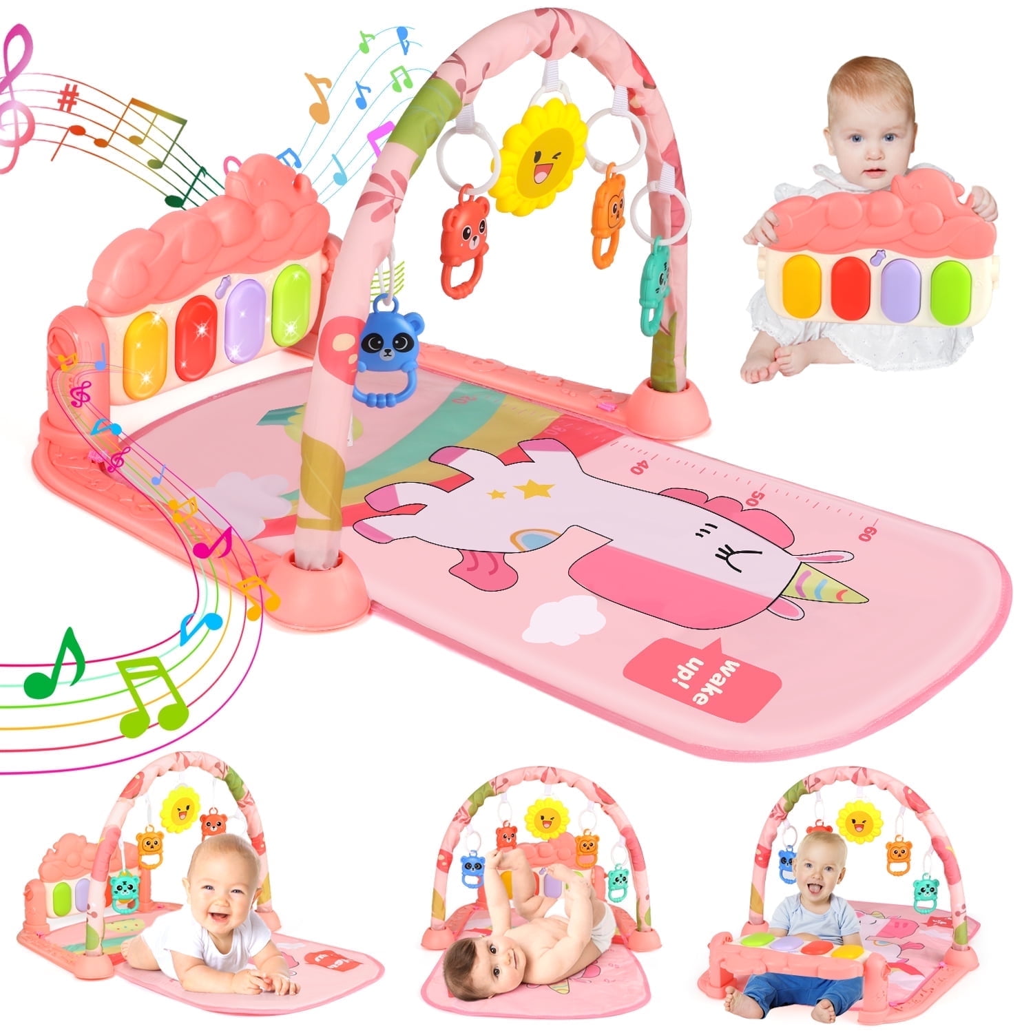 Huge Wave Baby Play Mat, Baby Play Gym Funny Piano Tummy Time, Activity Mat with 5 Infant Learning Sensory Toys, Music and Lights Boy & Girl Gifts for Newborn Baby 0 to 3 6 9 12 Months