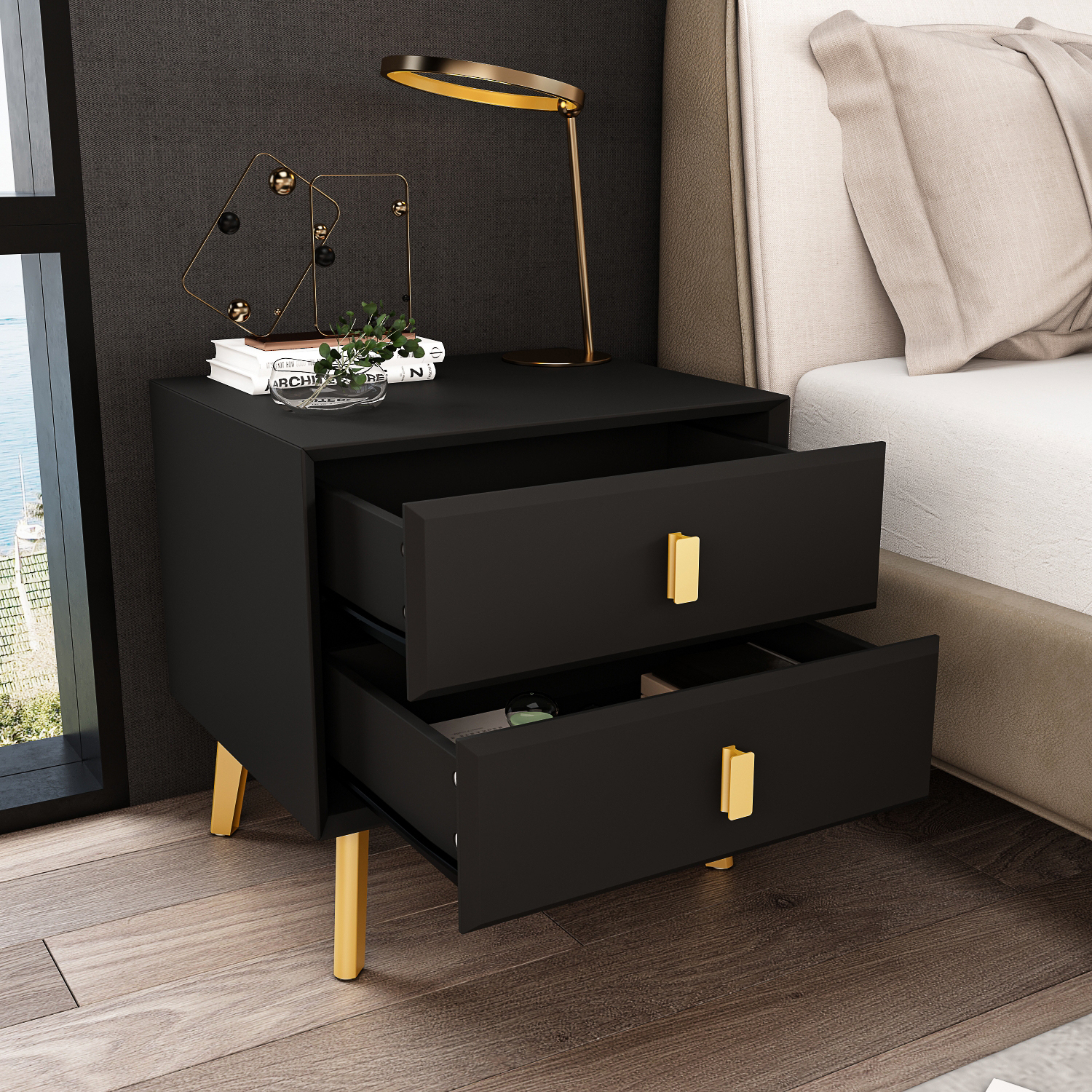 AIEGLE Bedroom Nightstand with 2 Drawers and Gold Metal Feet, Black