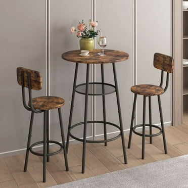 AWQM Counter Height Bar Table and Chair Set, Bar Round Table Set, Wooden Round Table with Two Backrest Wooden Chairs for Bar, Tavern, Kitchen, Restaurant with Two High Stools.