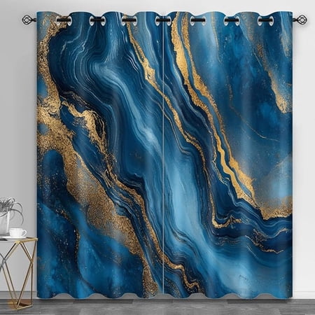 Marble Blackout Curtains For Girls Boys Home Decor Blue Gold Marble Curtain Modern Luxury Grommet Drapes For Living Room Bedroom Home Decor 42 W x 63 L (Pack of 2)