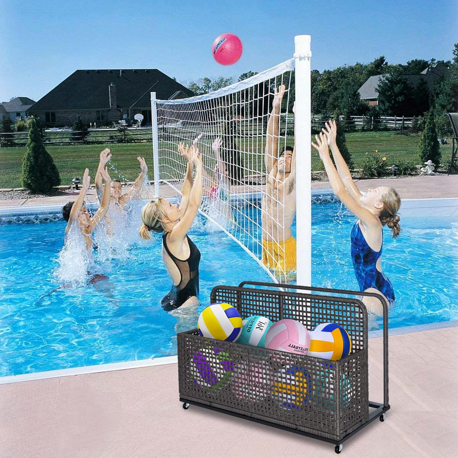 AOILE Poolside Storage with Rolling Wheels, PE & Iron Outdoor Storage Toy Rack for Poolsides, Patios, Gardens, Waterproof, Weather Resistant and Easy Mobility, Grey