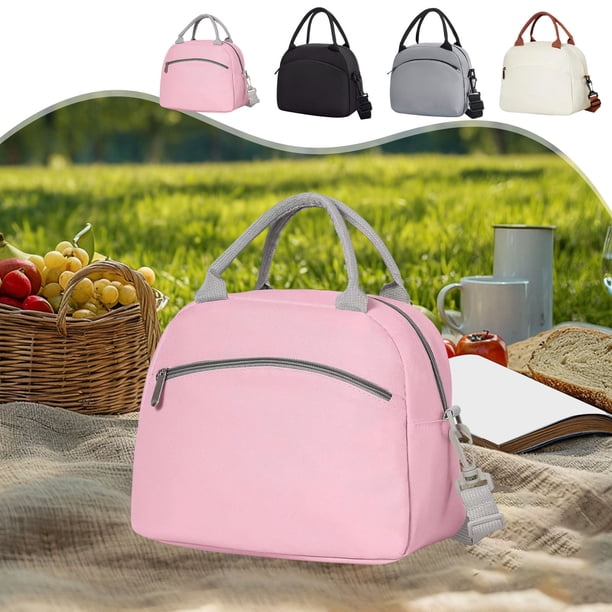 Bolsa de almuerzo aislada | Bolso de mano de poliéster impermeable a prueba de aceite de gran capacidad | Transporte al hombro a prueba de fugas | 10,2 x 5,6 x 8,3 pulgadas | Beige Gris Negro Rosa