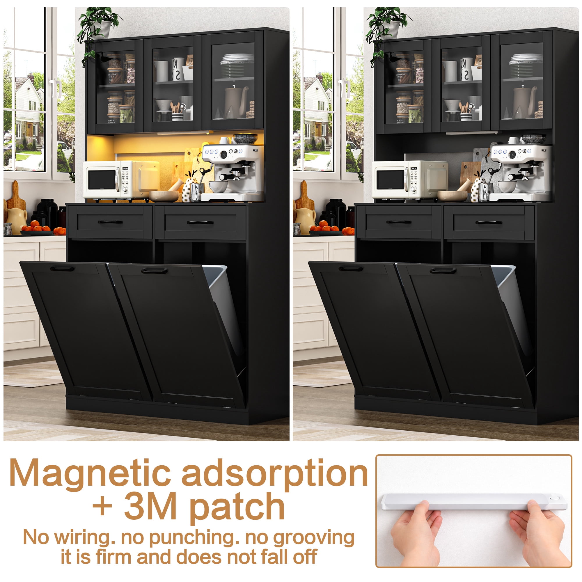 ANPOO 72.1"H Kitchen Pantry Storage Cabinet with Power Outlets & LED light, Kitchen Double Tilt Out Trash Cabinet 13X2 Gallon Garbage Holder with Two Drawers, Freestand Laundry Sort Cabinets