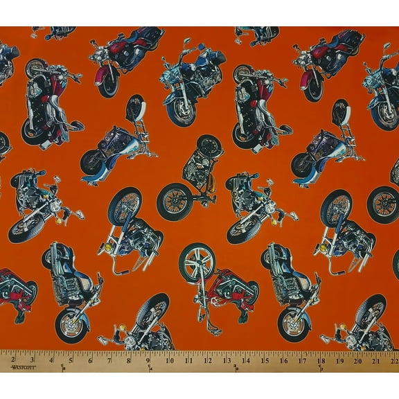 Cotton Motorcycles on Orange Motorbikes Tossed Transportation Travel Roads On the Road Robert Kaufman Cotton Fabric Print by the Yard (SRKD-20201-8-orange)