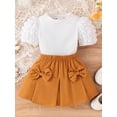 thumbnail image 3 of Suealasg Toddler Kids Girl 2Pcs Summer Clothes Round Neck Puff Sleeve Ribbed Tops + Elastic Waist 3D Bow Mini Skirt Little Girls Outfit Set, 3 of 9