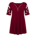 thumbnail image 4 of RYRJJ Plus Size Cold Shoulder Tops Shirt for Women Cut Out Rhinestone Tshirt Casual Summer Zip V Neck Short Sleeve Tunic Blouse(Red,XL), 4 of 6