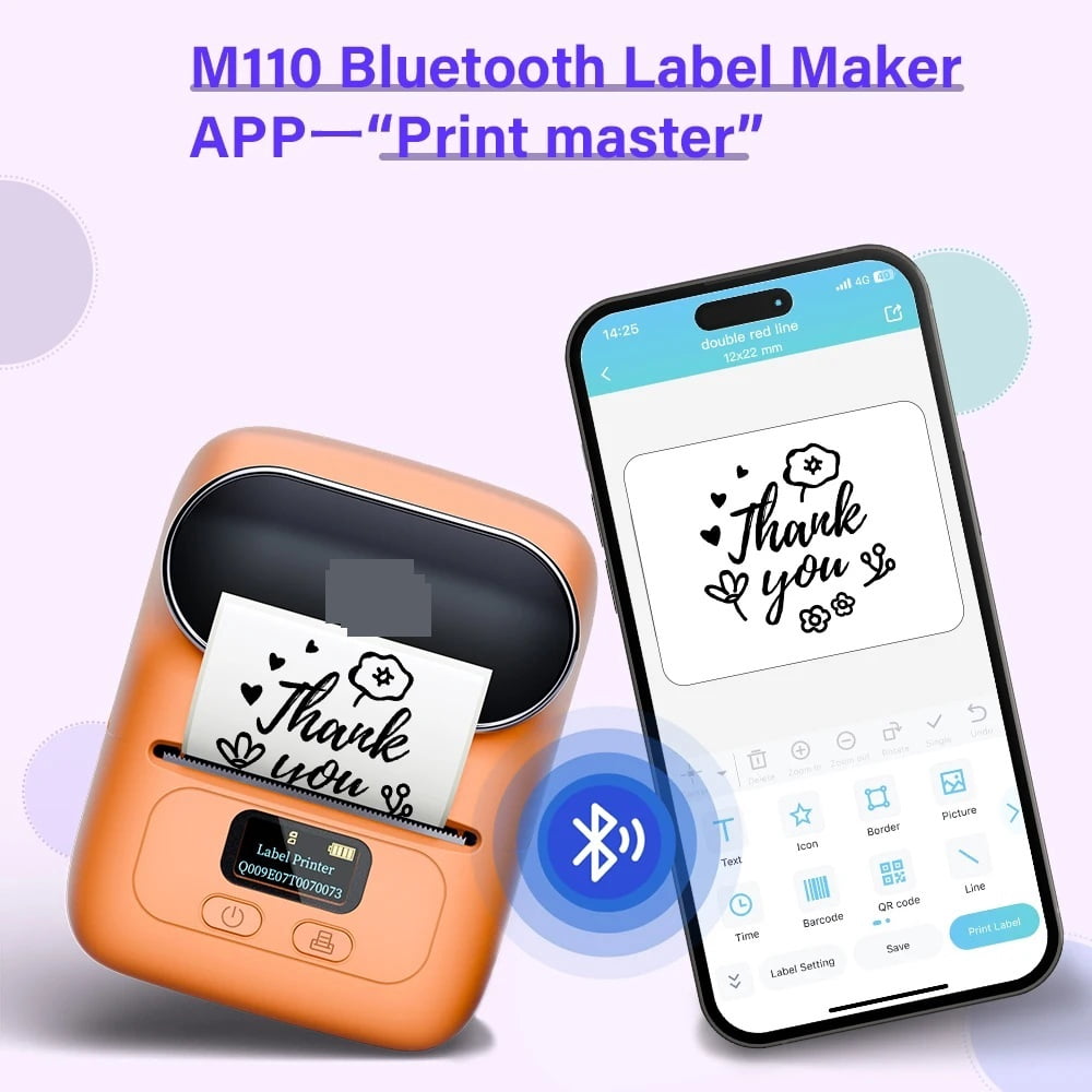 M110 Thermal Wireless Label Printer Portable Bluetooth Sticker Mini Printer Barcode Label Maker ,Fast-Drying Ink with Crisp Output