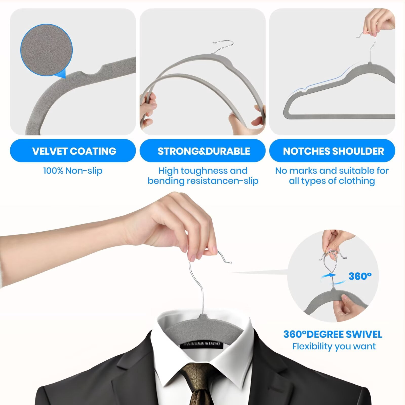 Simple Deluxe 30 Pack Velvet Hangers, Non-Slip Clothes Hangers with Shoulder Notches, 360° Swivel Hooks, Heavy Duty Coat Suit Hangers for Closet Space Saving, Grey