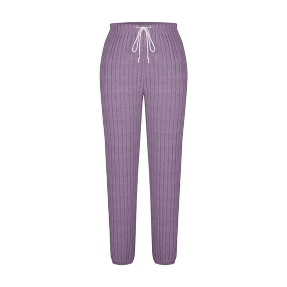VNKIDY Women's Casual Pants Solid Color Ribbed Knit Joggers Drawstring Elastic Waisted Trousers For Cozy Casual Loungewear Style Cozy Pants
