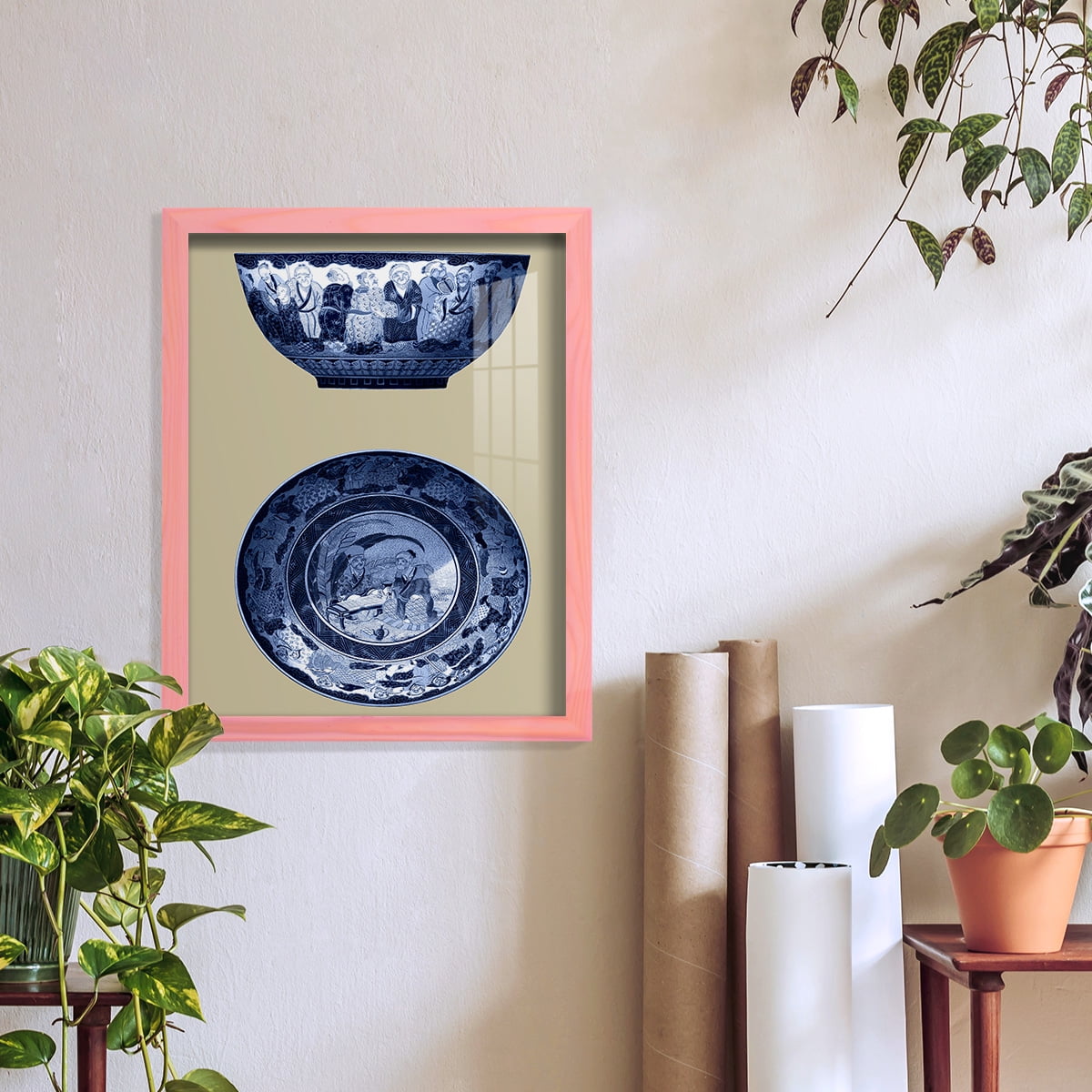 Porcelain in Blue and White II -Framed Print w/glass-Sunset Pink